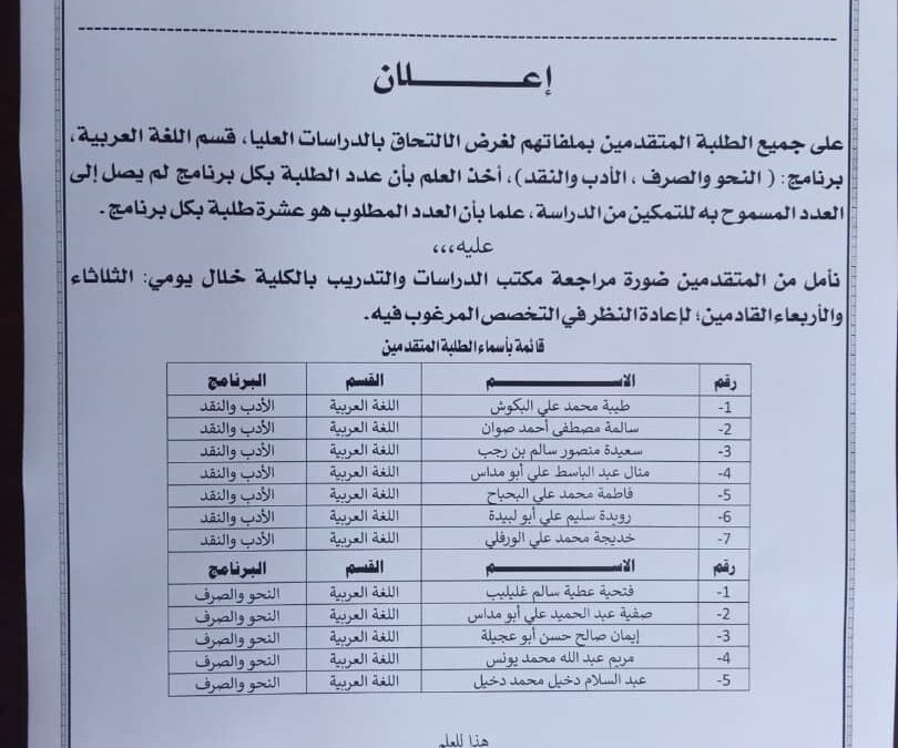 إعلان إلى الطلاب المتقدمين للالتحاق بالدراسات العليا بقسم اللغة العربية