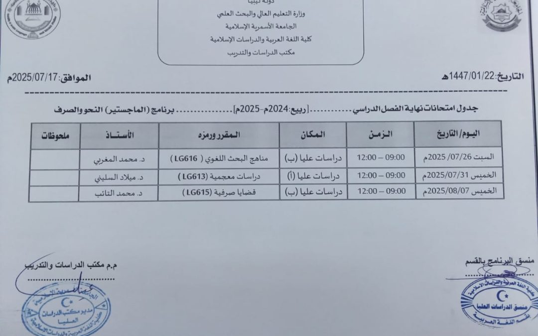 جداول الامتحانات النهائية لبرامج الدراسات العليا (الماجستير) ربيع 2025م
