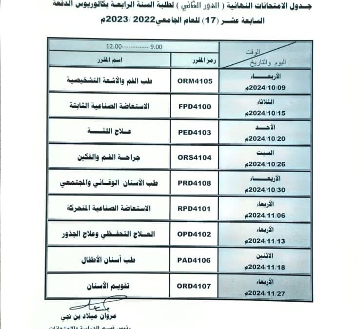 جدول امتحانات البكالوريوس ( الدور الثاني) لطلبة الدفعة السابعة عشر