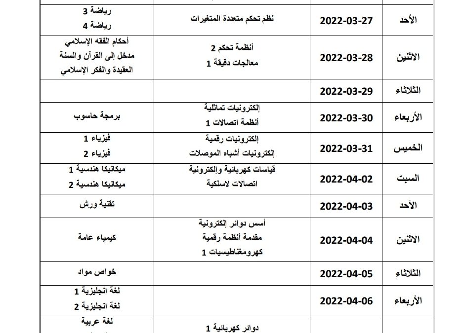 جدول الامتحانات النهائية لقسم الهندسة الكهربائية والحاسوب