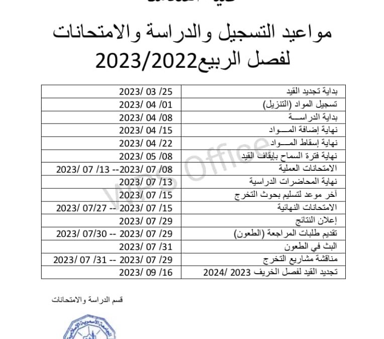 الخطة الدراسية لفصل الربيع 2023مً