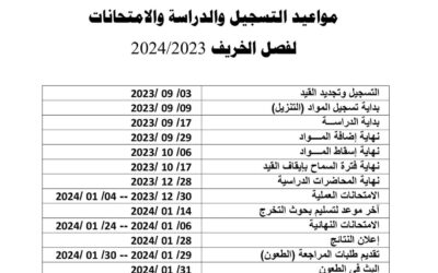 مواعيد التسجيل والدراسة والامتحانات لفصل الخريف 2024/2023م.