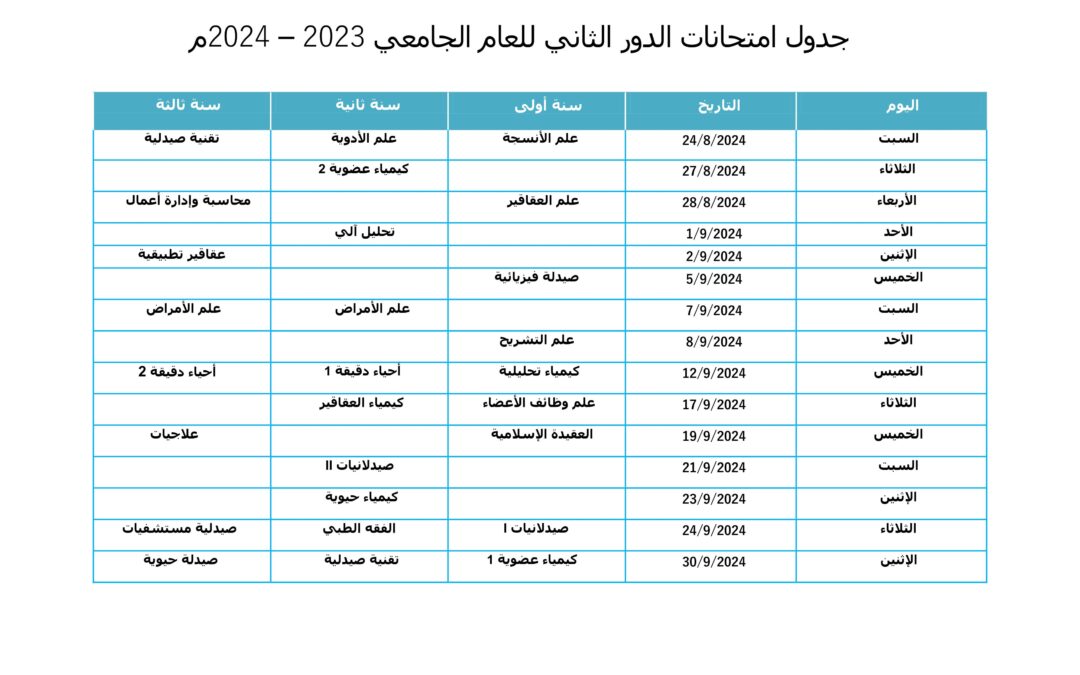 جدول الإمتحانات النهائية – الدور الثاني للعام الجامعي 2023-2024م