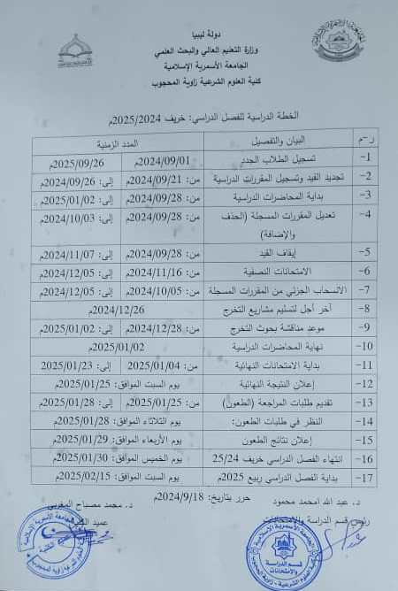 الخطة الدراسية لكلية العلوم الشرعية زاوية المحجوب للفصل الدراسي: خريف 2025/2024م.